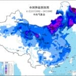 寒潮蓝色预警继续发布，我国大部地区气温将先后下降6至10℃